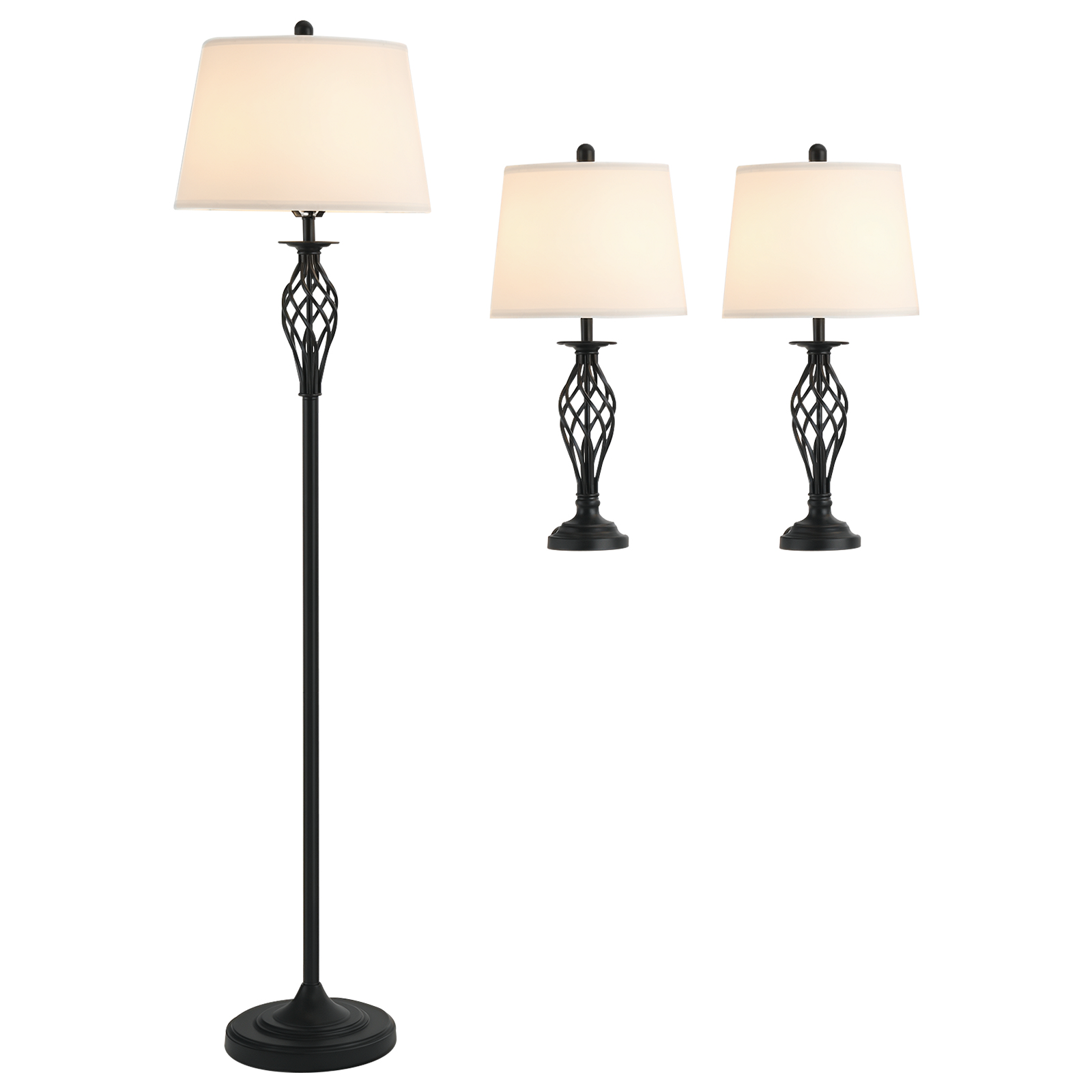 Set of three lamps with black metal stands and white lampshades on a white background