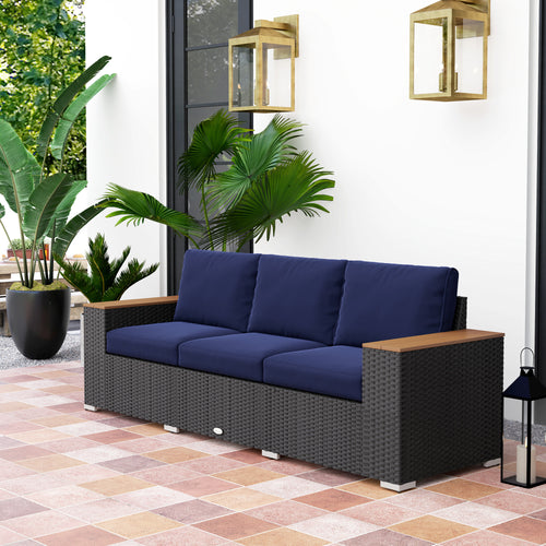 3-Seat PE Rattan Outdoor Sofa – Extra-Wide Deep Seating, 4" Cushions, Navy Blue