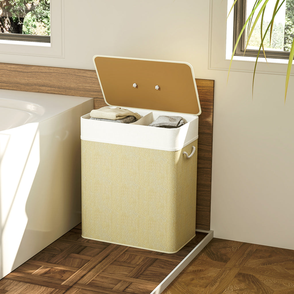 Beige laundry basket with a wooden lid in a bathroom setting
