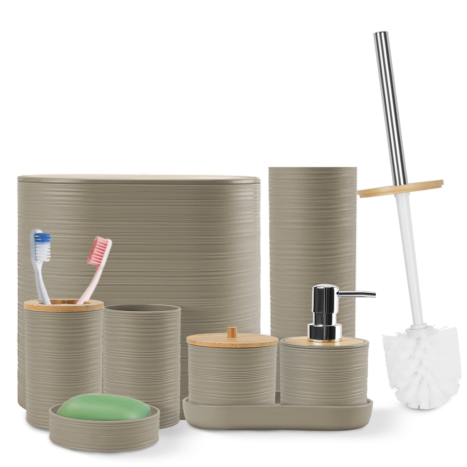 8-Piece Bathroom Accessories Set with Soap Dispenser, Toothbrush Holder, Trash Can & More – ABS & Bamboo