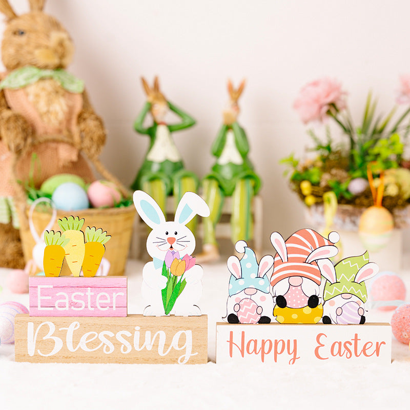 Easter-themed decorations including a rabbit, gnomes, and 'Happy Easter' signs on a white background.