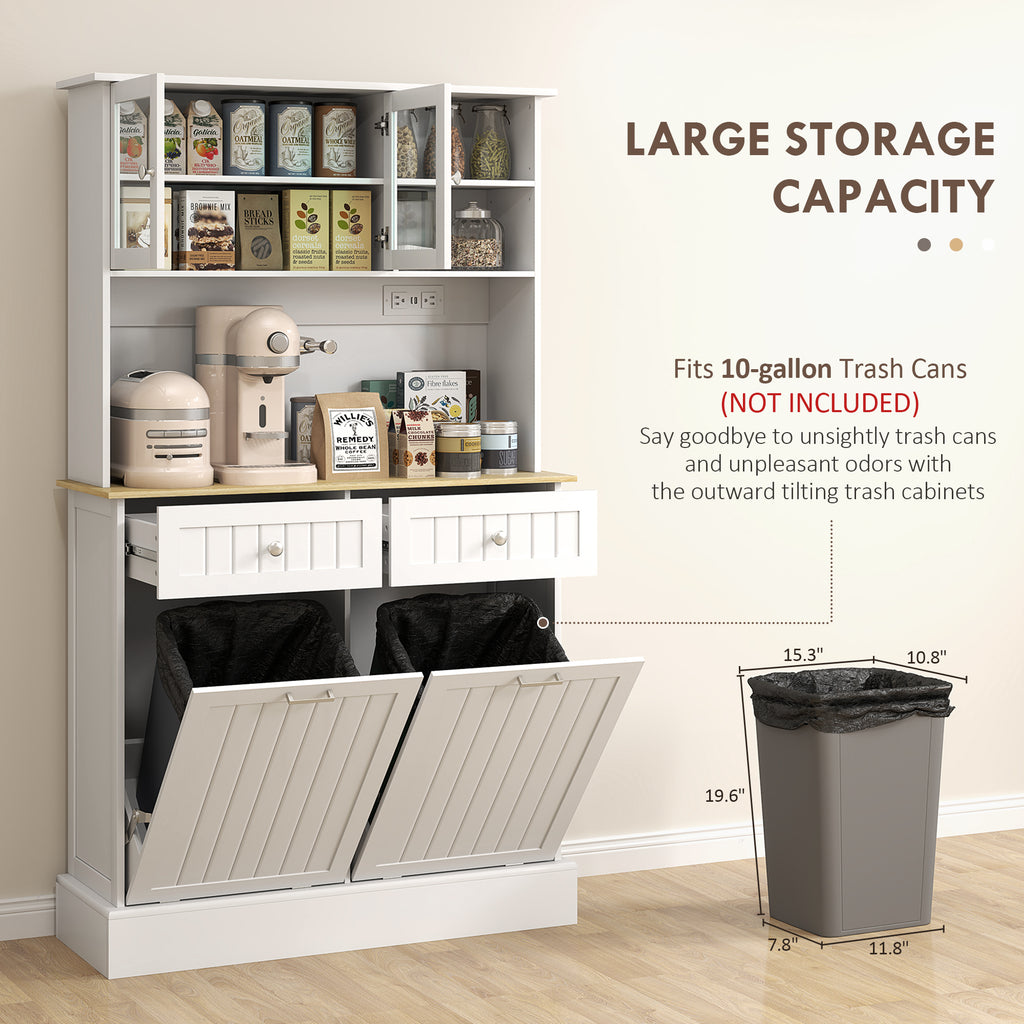 White storage cabinet with trash bins and kitchen items on a wooden floor.
