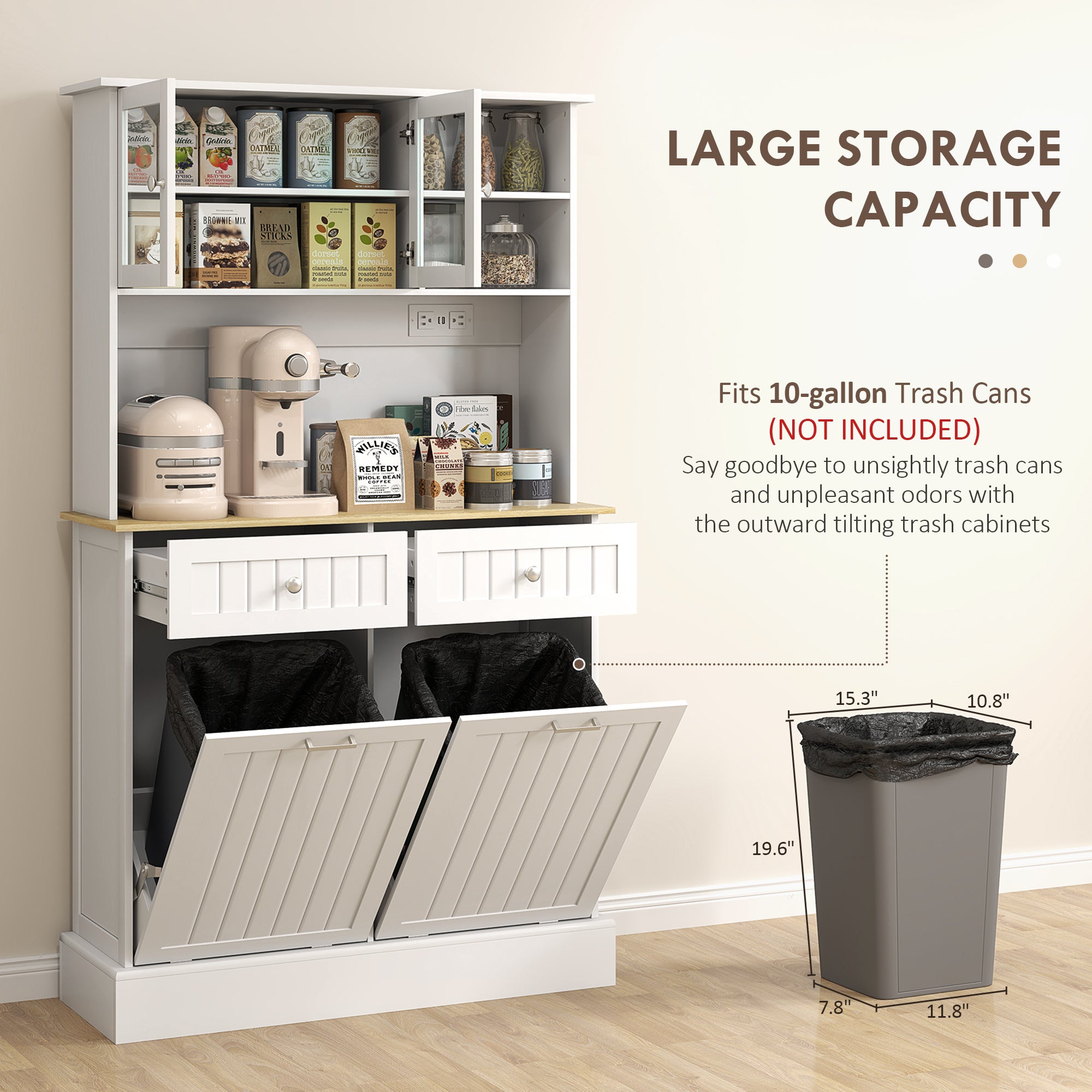 White storage cabinet with trash bins and kitchen items on a wooden floor.