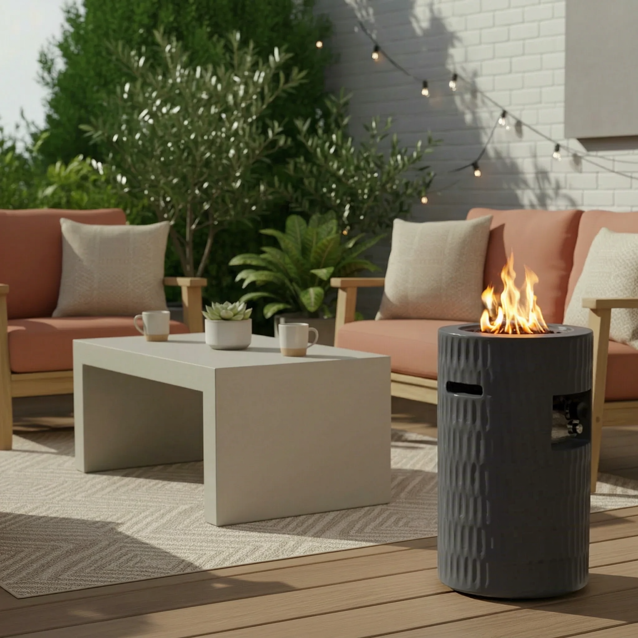 Outdoor patio setting with a fire pit, table, and seating area.