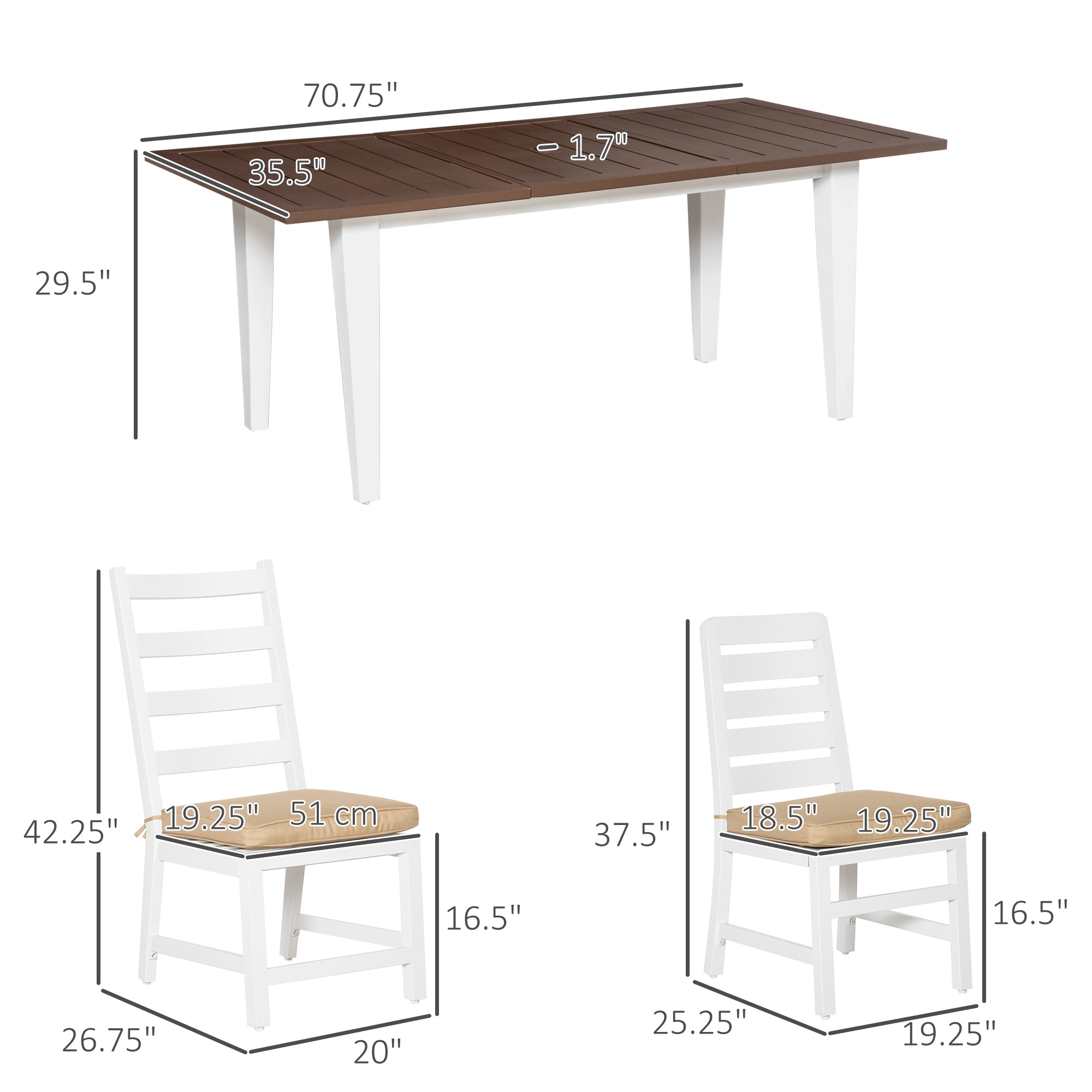 Dining table and chairs with dimensions labeled on a white background