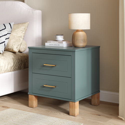 2-Drawer Mid-Century Nightstand with Fluted Design & Solid Wood Legs – Blue