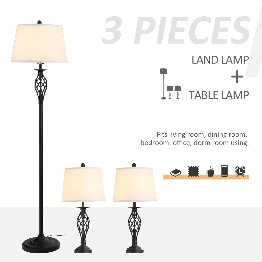 Set of three lamps including a floor lamp and two table lamps on a white background.
