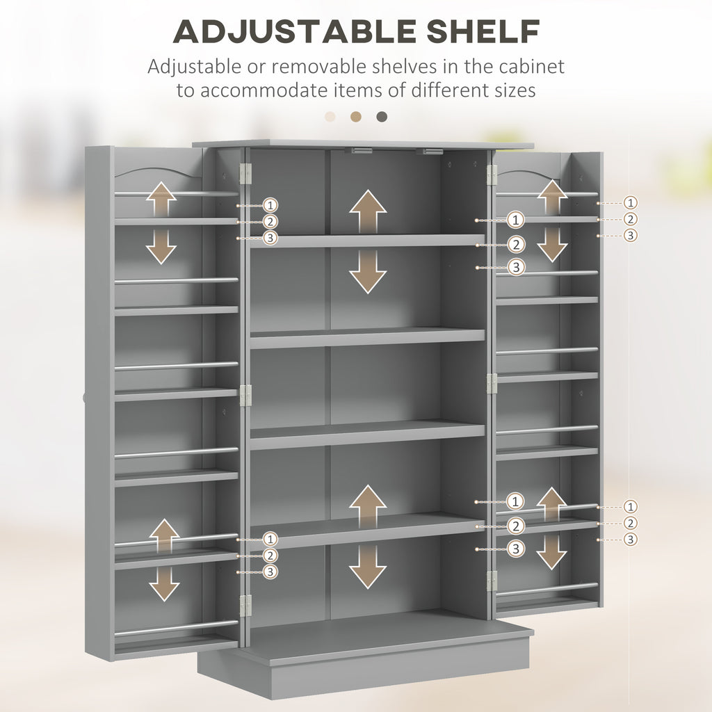 Gray cabinet with adjustable shelves and text indicating their functionality.