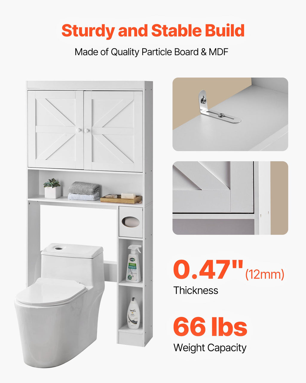 White bathroom storage cabinet with toilet, shelves, and a sink faucet illustration, highlighting sturdiness and material quality.