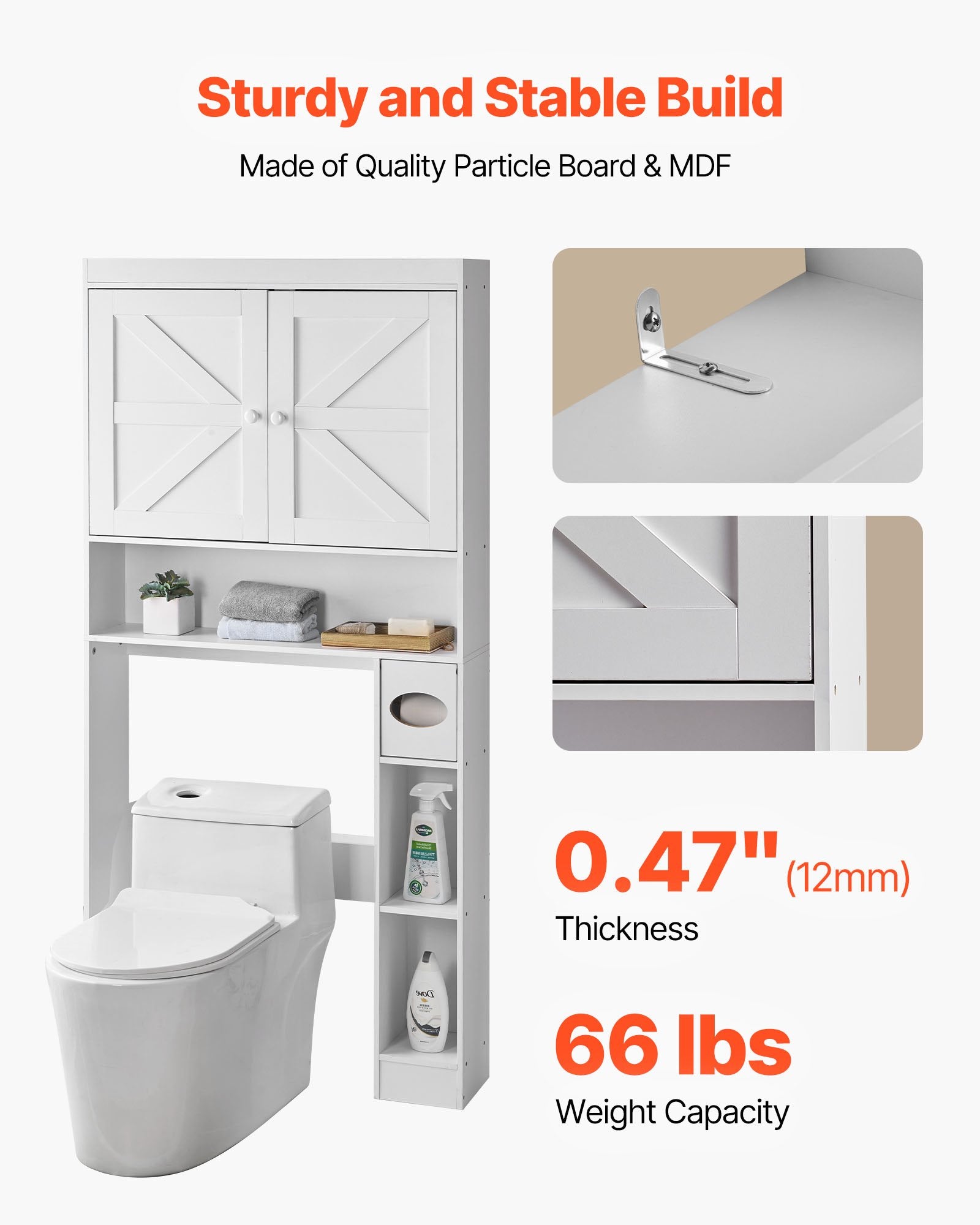 White bathroom storage cabinet with toilet, shelves, and a sink faucet illustration, highlighting sturdiness and material quality.