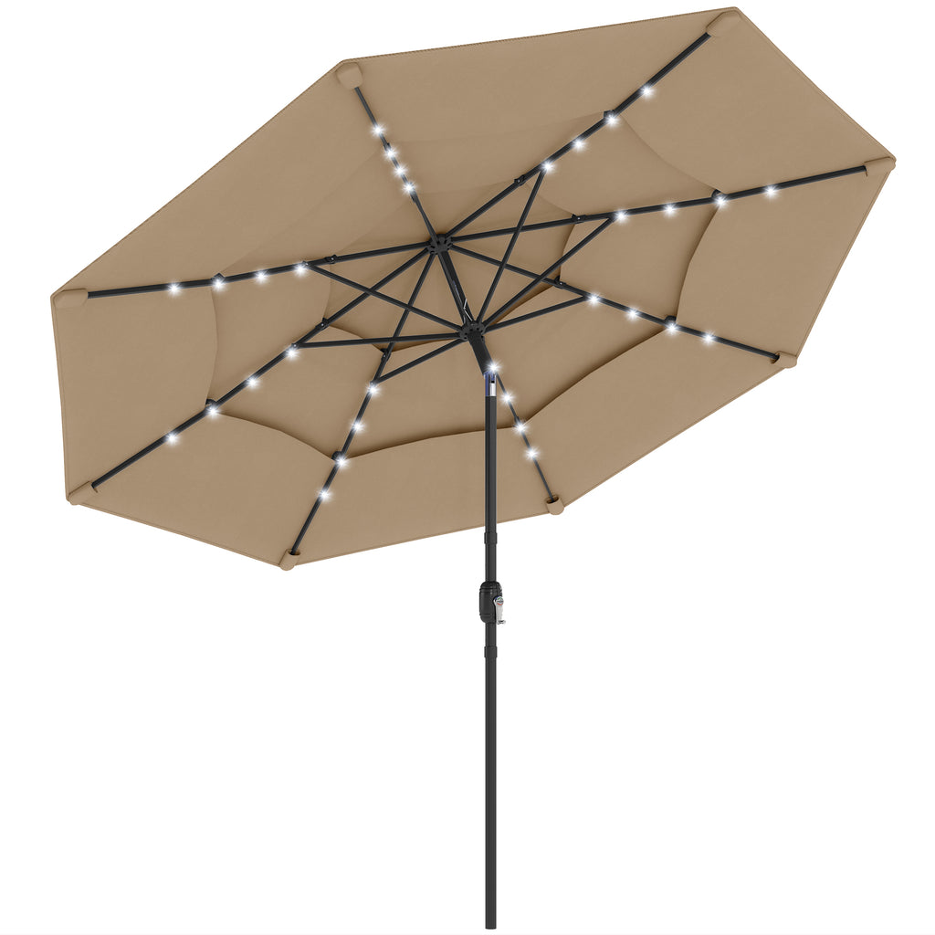 Beige patio umbrella with LED lights on a white background