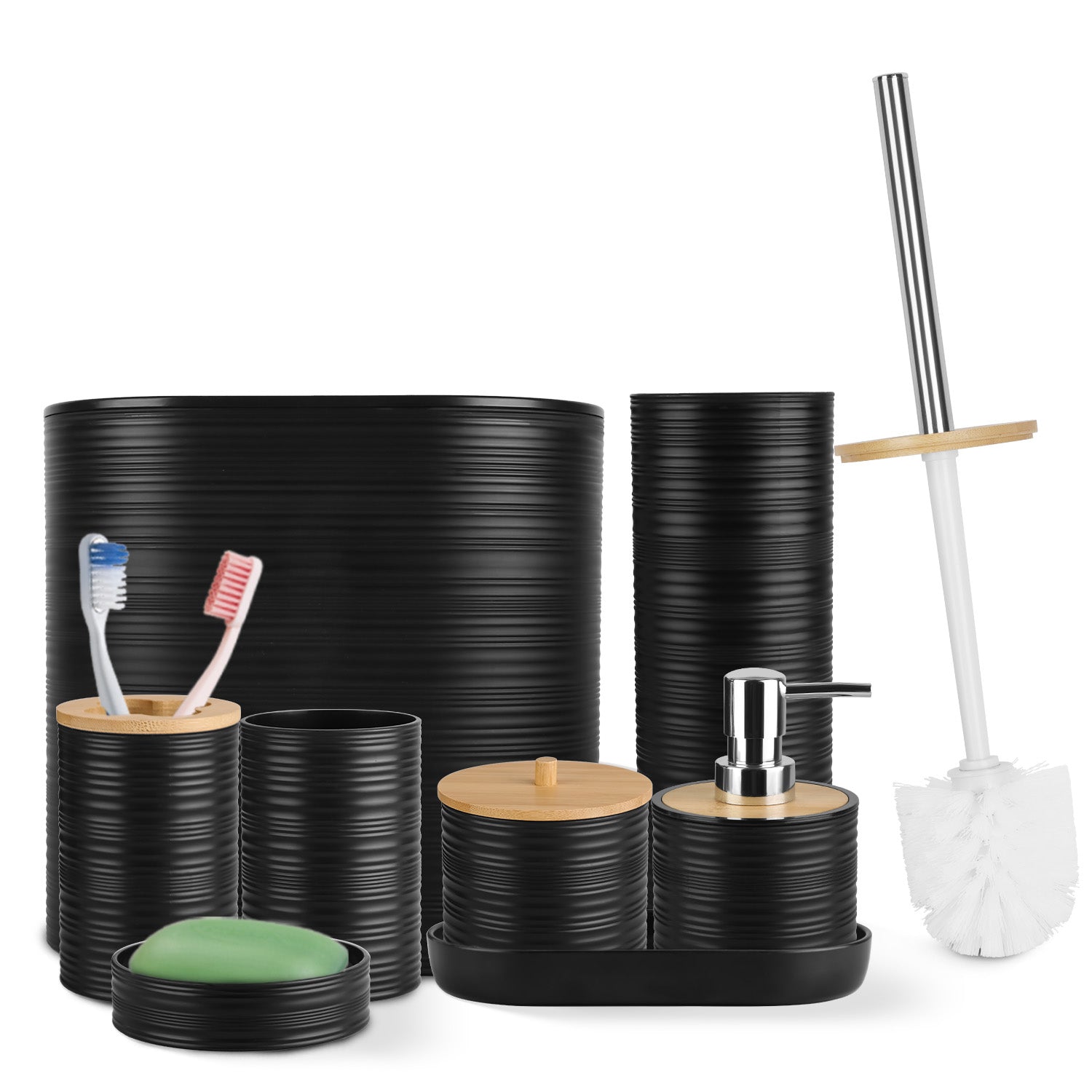 8-Piece Bathroom Accessories Set with Soap Dispenser, Toothbrush Holder, Trash Can & More – ABS & Bamboo