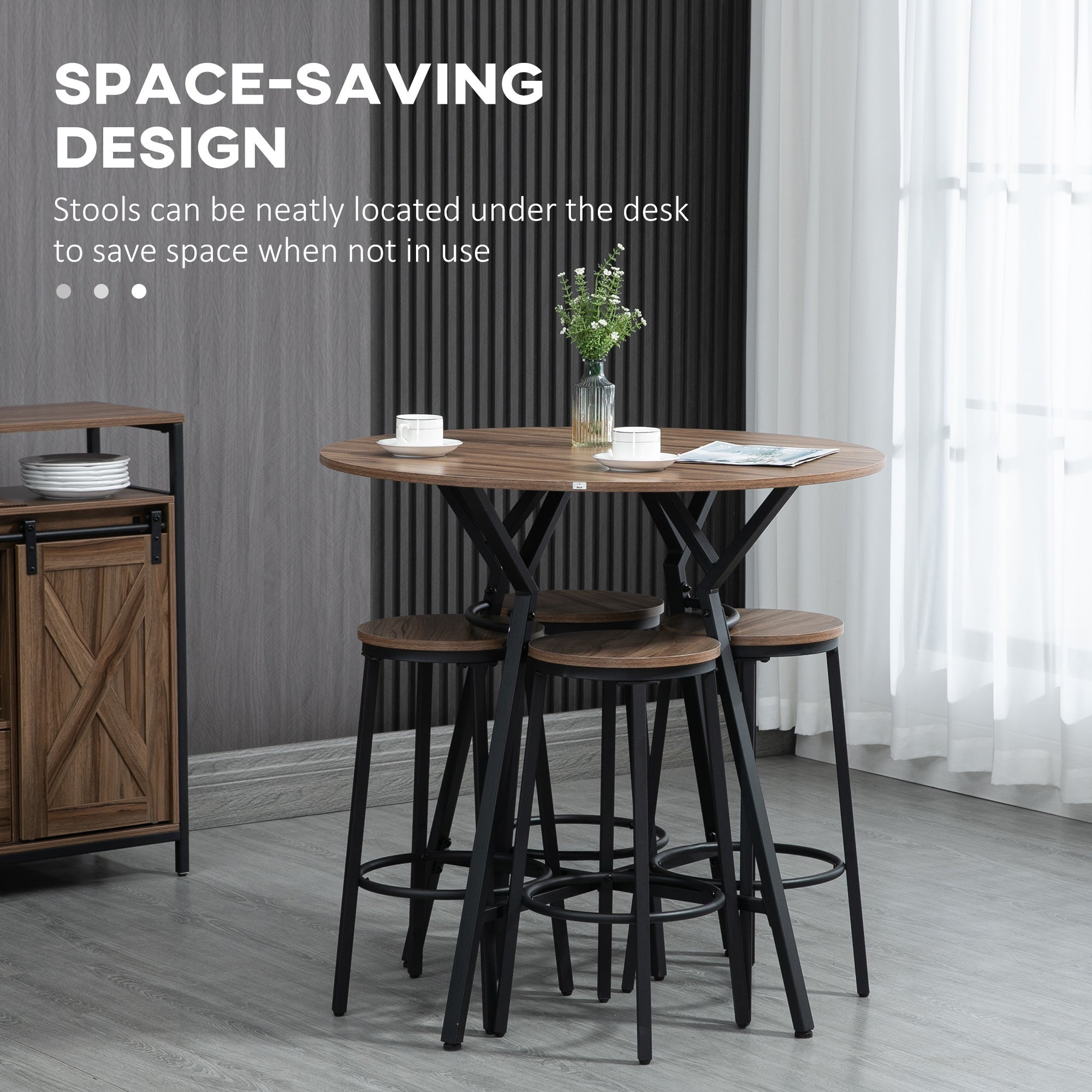 Wooden dining table with stools in a room setting, emphasizing space-saving design.