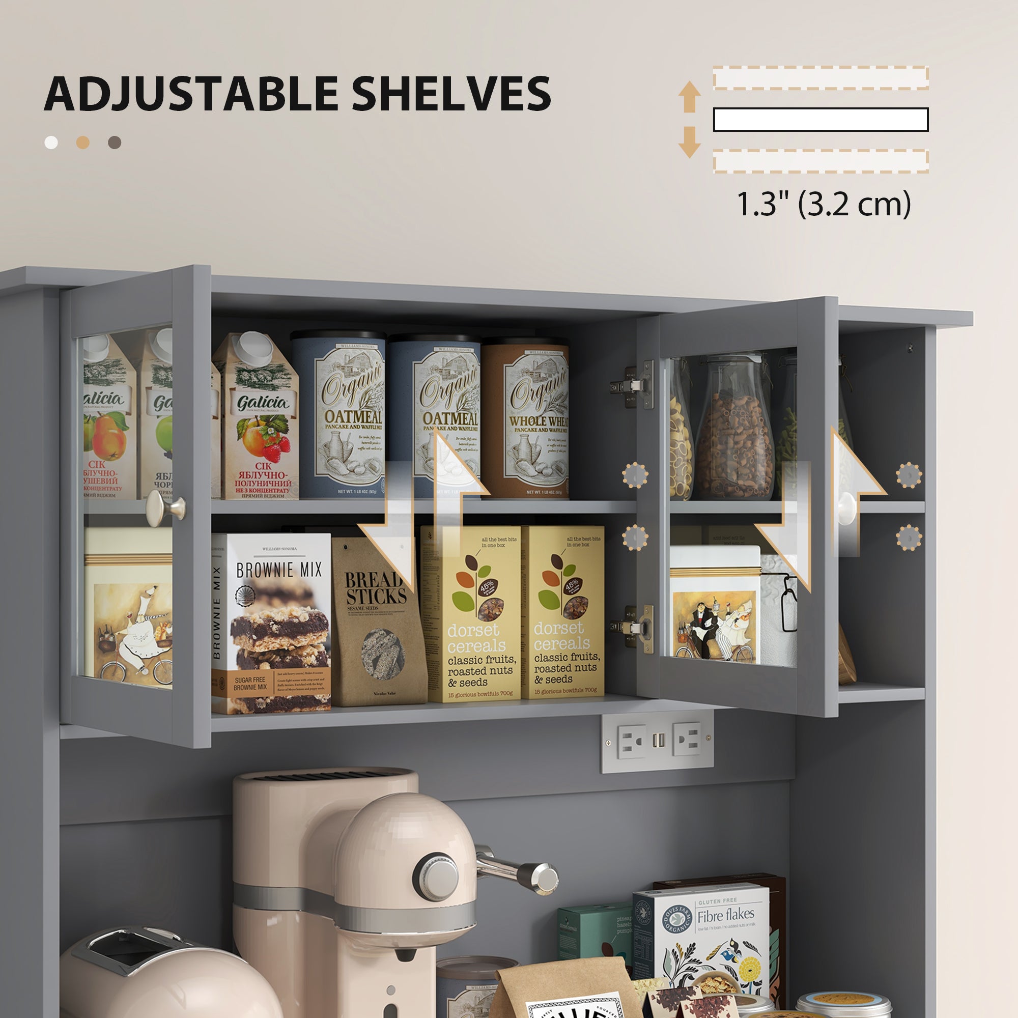 Gray wall-mounted cabinet with adjustable shelves filled with food items and kitchen appliances.