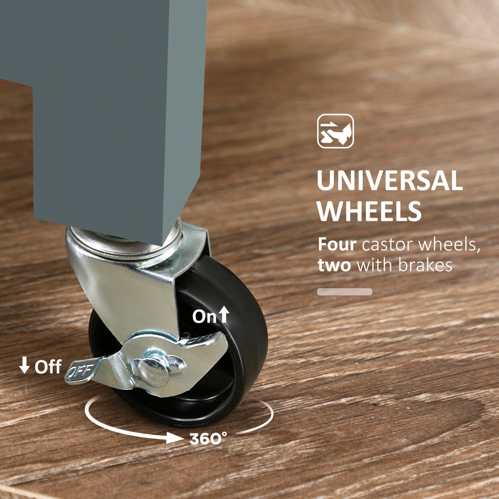 Close-up of a furniture caster wheel with brake mechanism on a wooden floor, labeled 'Universal Wheels'.