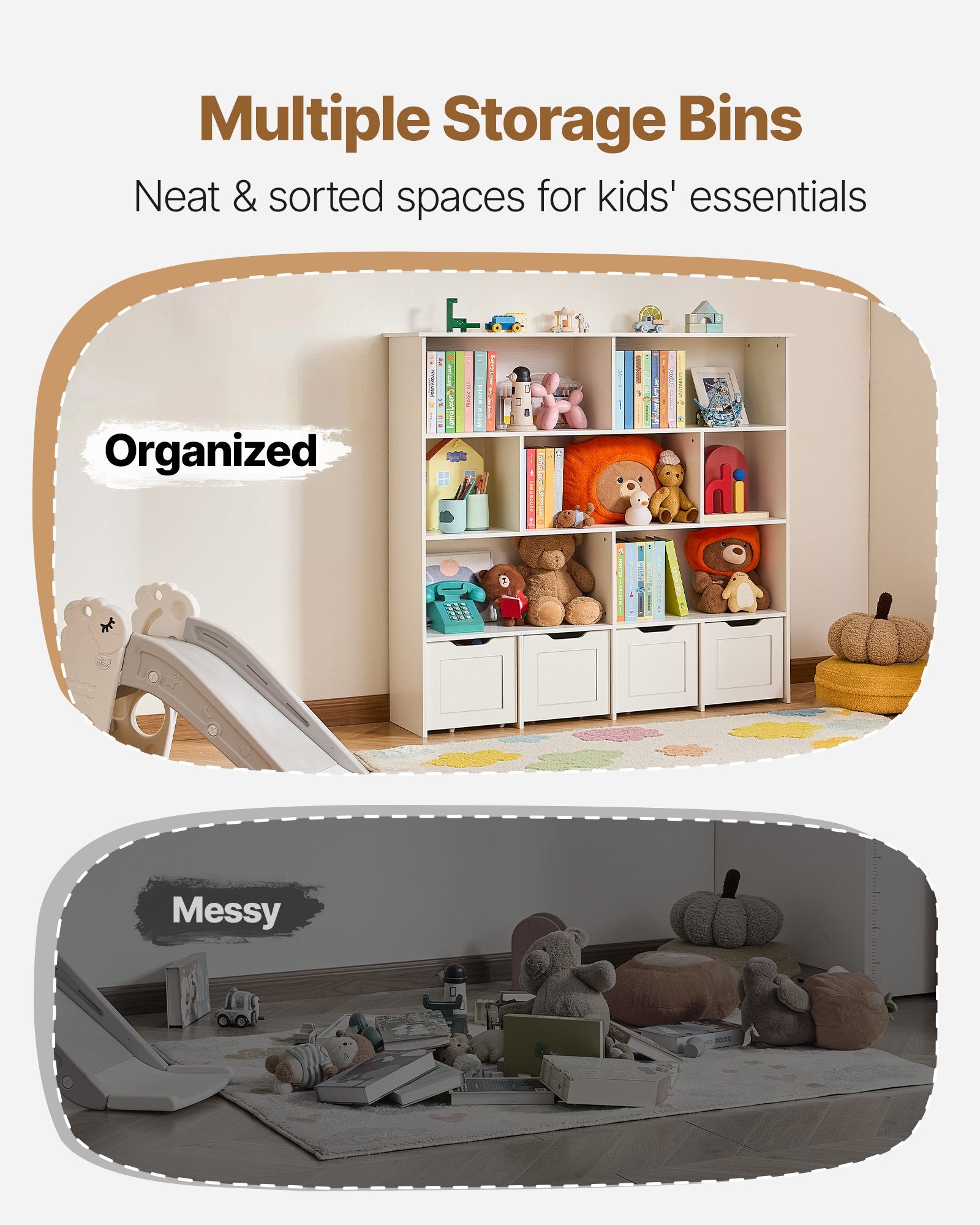 Comparison of organized and messy play areas with storage bins.