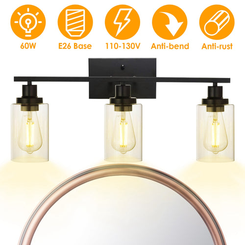 3-Light Wall Sconce with Clear Glass Shade | Matte Black Vanity Light Fixture