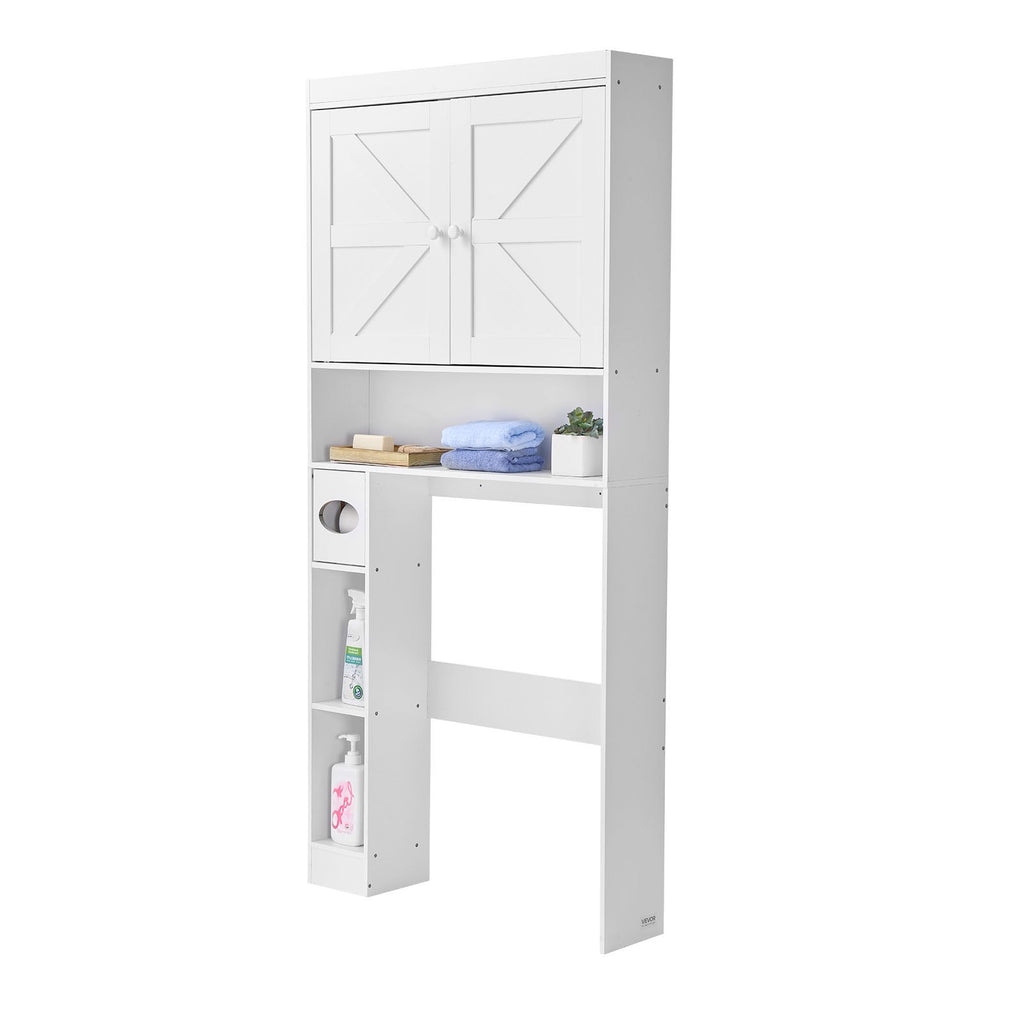 White bathroom storage cabinet with shelves on a white background