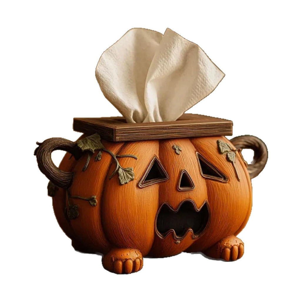 Pumpkin-shaped tissue box with a wooden lid on a white background