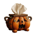 Pumpkin-shaped tissue box with a wooden lid on a white background