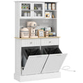 White kitchen cabinet with open doors revealing trash bins inside, on a white background.