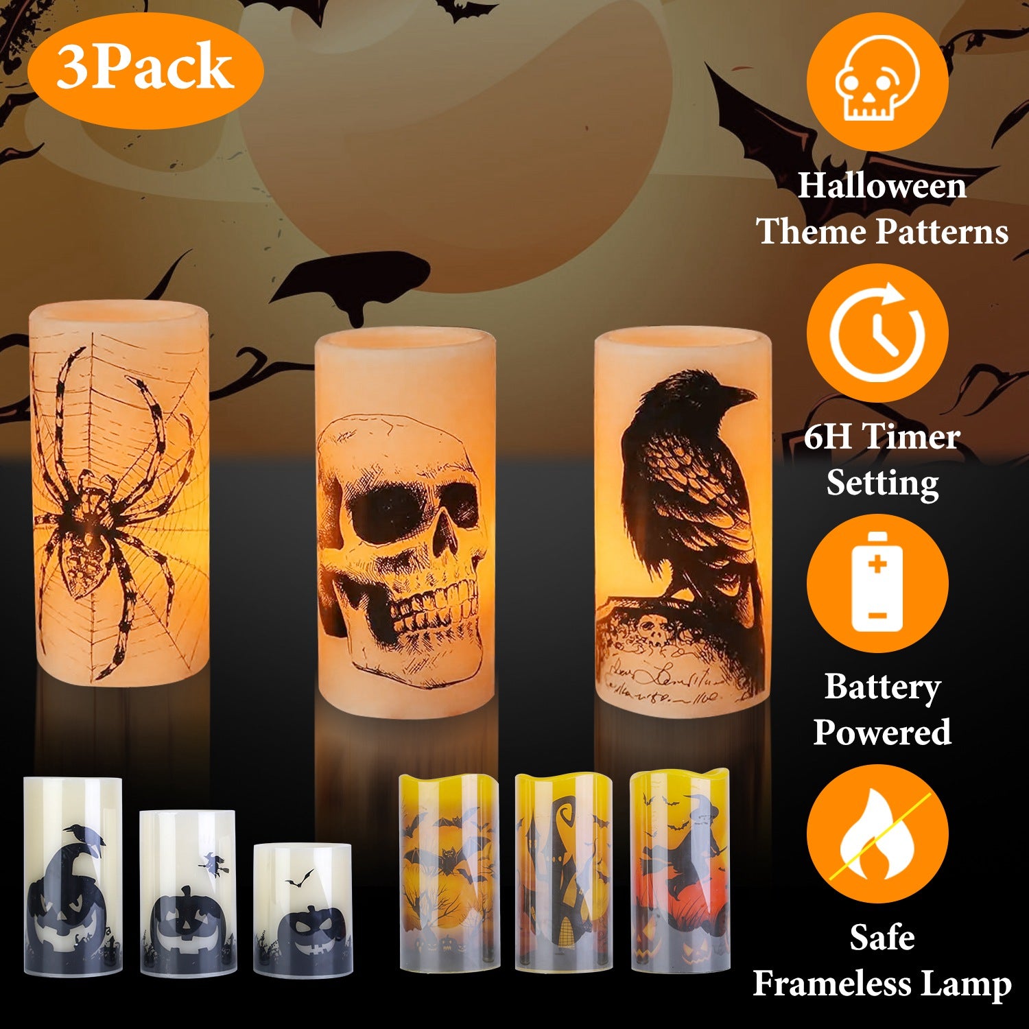 Set of Halloween-themed candles with spider, skull, and crow designs on a dark background.