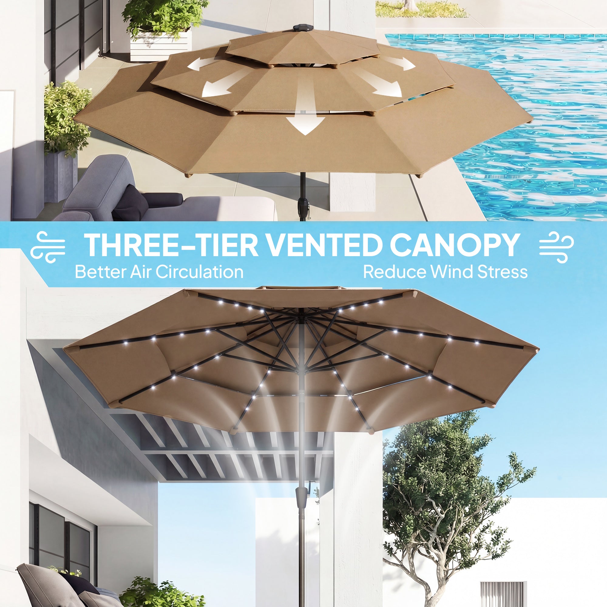 Beige patio umbrella with three-tier vented canopy in outdoor setting