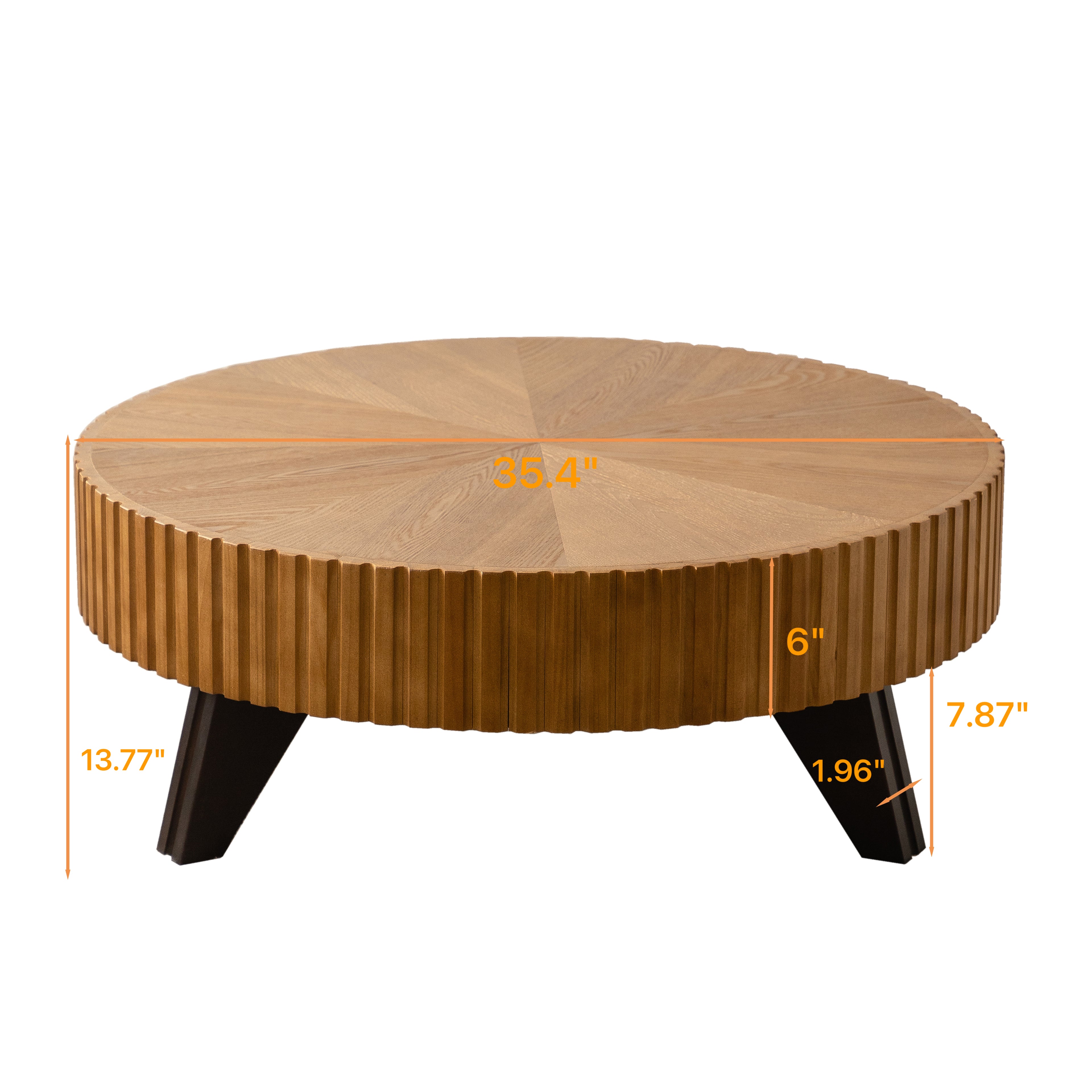 Wooden round table with measurements on a white background