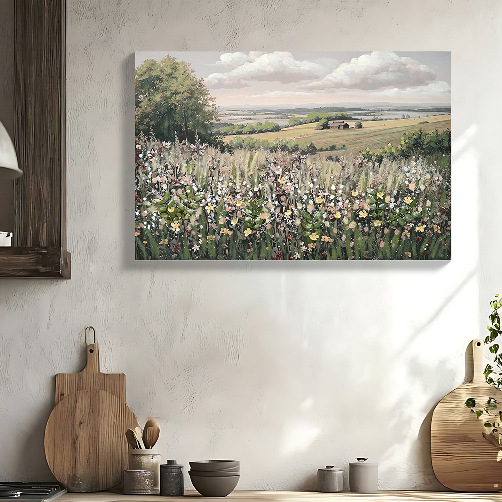 Wildflower Meadow Framed Canvas Wall Art — 3D Floral Inlay, Vintage Landscape | 24x36"