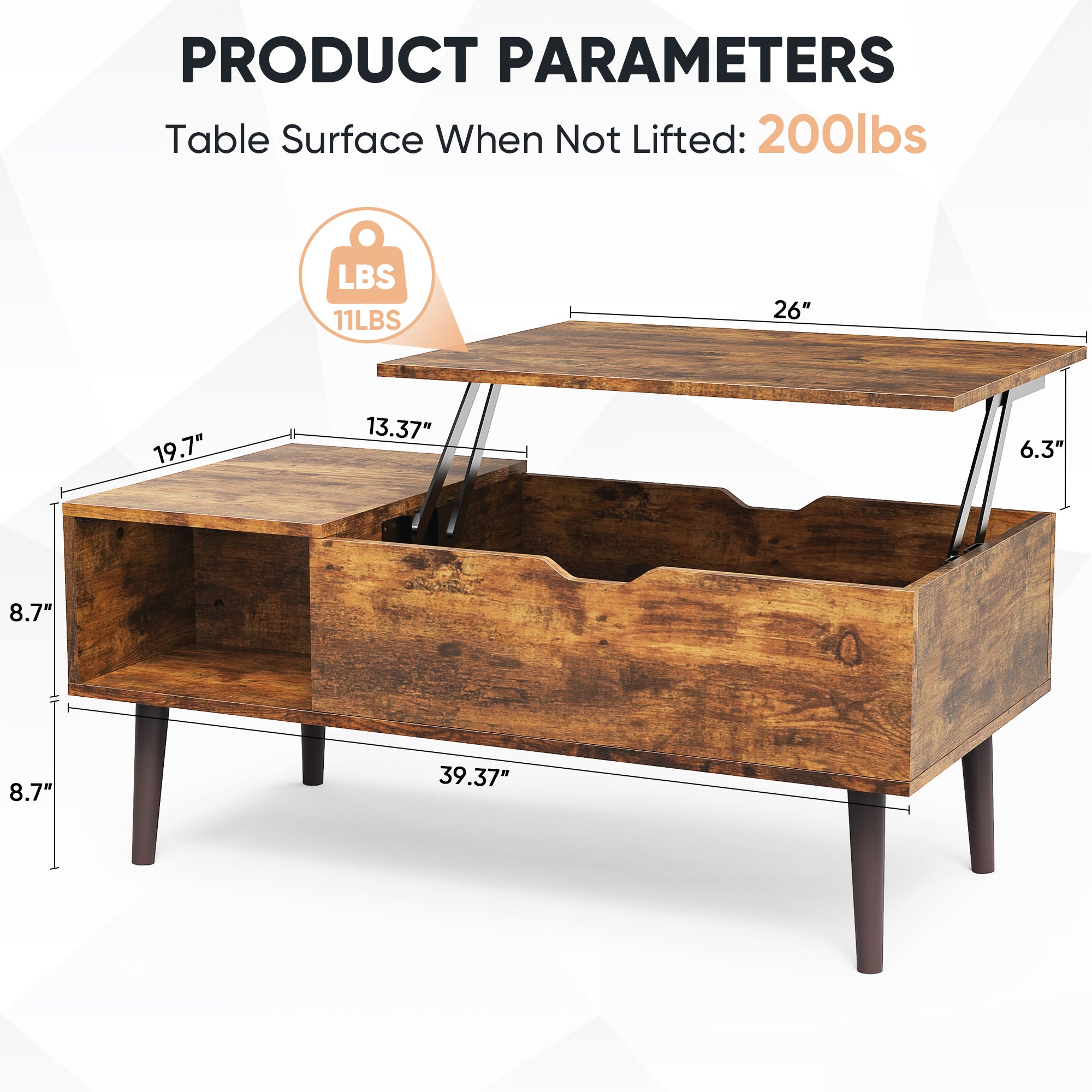 Wooden lift-top coffee table with dimensions and weight capacity on a white background